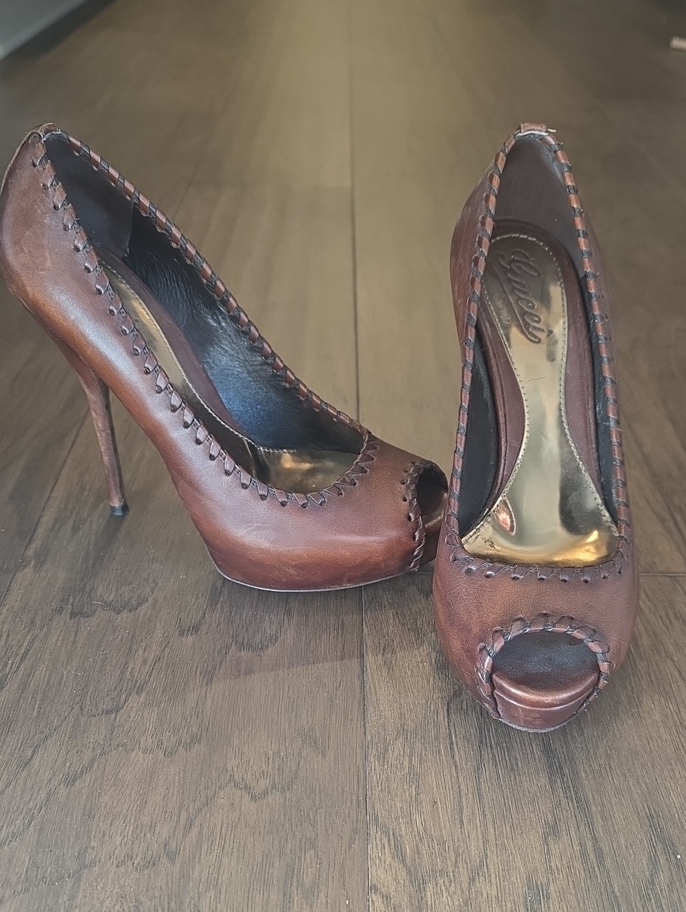 Gucci Brown Leather Peep-Toe Stiletto Heels